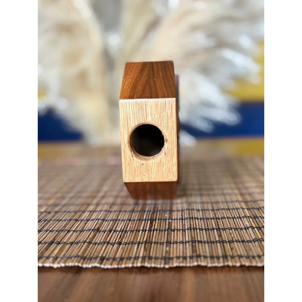 Vintage Geometric Wood Hexagon Candle Holder Mid Century Modern Sunburst Inlay